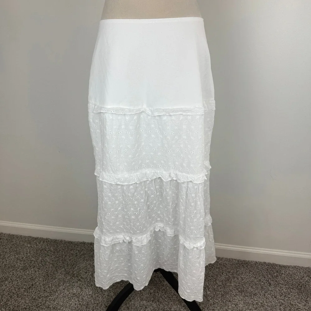 Over Kleshas White Eyelet Lace Up Tiered Boho Maxi Skirt Cottagecore Size Large